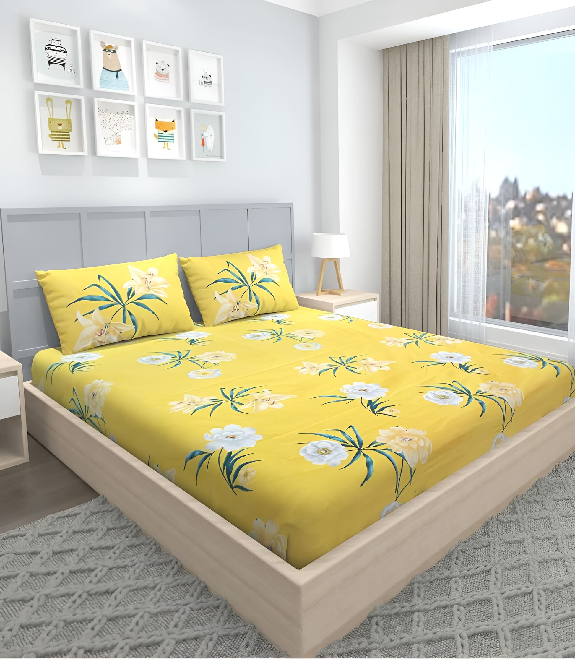 Floral 220 TC Fitted Bedsheet with 2 Pillow Covers (72X78X Upto 10 Inches) & 360 Degree Elasticated