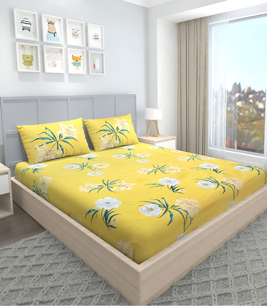 Floral 220 TC Fitted Bedsheet with 2 Pillow Covers (72X78X Upto 10 Inches) & 360 Degree Elasticated