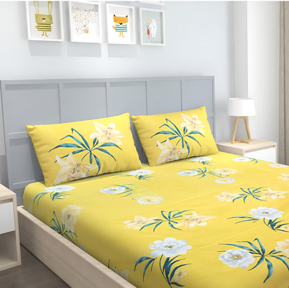 Floral 220 TC Fitted Bedsheet with 2 Pillow Covers (72X78X Upto 10 Inches) & 360 Degree Elasticated