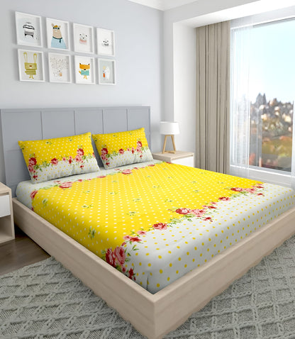YELLOW DOTS 220 TC Fitted Bedsheet with 2 Pillow Covers (72X78X Upto 10 Inches) & 360 Degree Elasticated