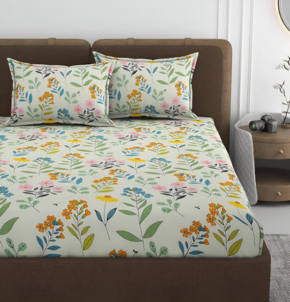 WHITE ORCHARD 220 TC Fitted Bedsheet with 2 Pillow Covers (72X78X Upto 10 Inches) & 360 Degree Elasticated