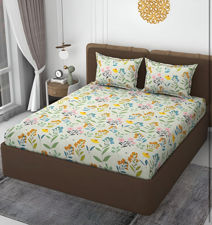 WHITE ORCHARD 220 TC Fitted Bedsheet with 2 Pillow Covers (72X78X Upto 10 Inches) & 360 Degree Elasticated