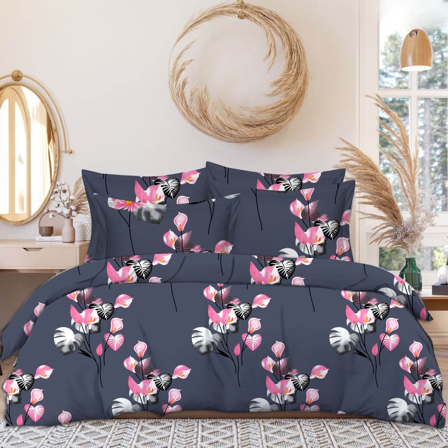 GREY KALI 220 TC Cotton  All Round Elastic Fitted Bedsheet with 2 Pillow Covers (72X78X Upto 10 Inches) & 360 Degree Elasticated | BS