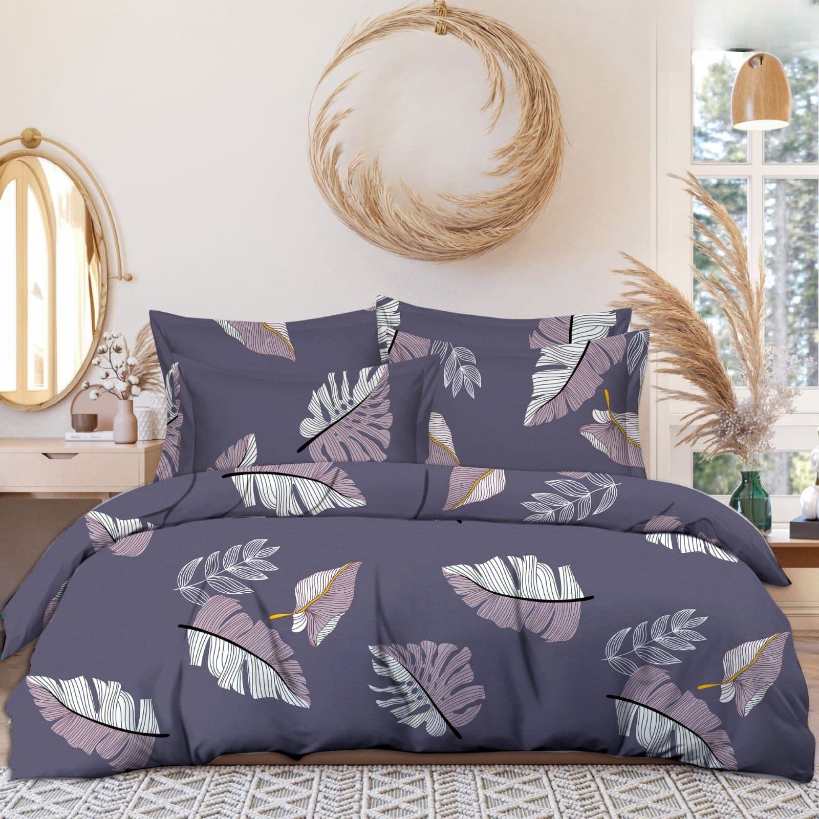 300 TC PURPLE Floral Fitted Elastic Bedsheet With Two Pillow Covers (72X78X Upto 10 Inches) & 360 Degree Elasticated