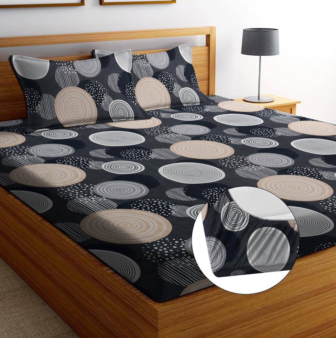 ROUNDABOUT 300 TC  Fitted Elastic Bedsheet With Two Pillow Covers (72X78X Upto 10 Inches) & 360 Degree Elasticated