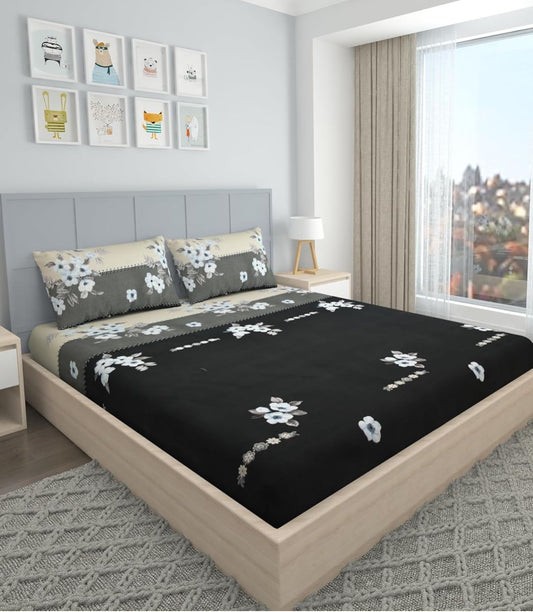 BLACK AND GREY 220 TC  Fitted Elastic Bedsheet With Two Pillow Covers (72X78X Upto 10 Inches) & 360 Degree Elasticated