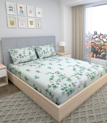 LIGHT GREEN 220 TC  Fitted Elastic Bedsheet With Two Pillow Covers (72X78X Upto 10 Inches) & 360 Degree Elasticated