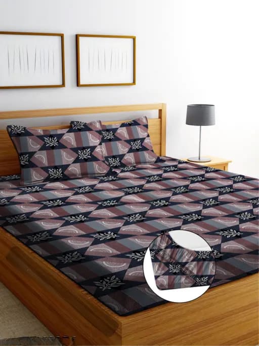 BROWN BOX 220 TC  Fitted Elastic Bedsheet With Two Pillow Covers (72X78X Upto 10 Inches) & 360 Degree Elasticated