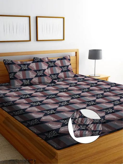 BROWN BOX 220 TC  Fitted Elastic Bedsheet With Two Pillow Covers (72X78X Upto 10 Inches) & 360 Degree Elasticated