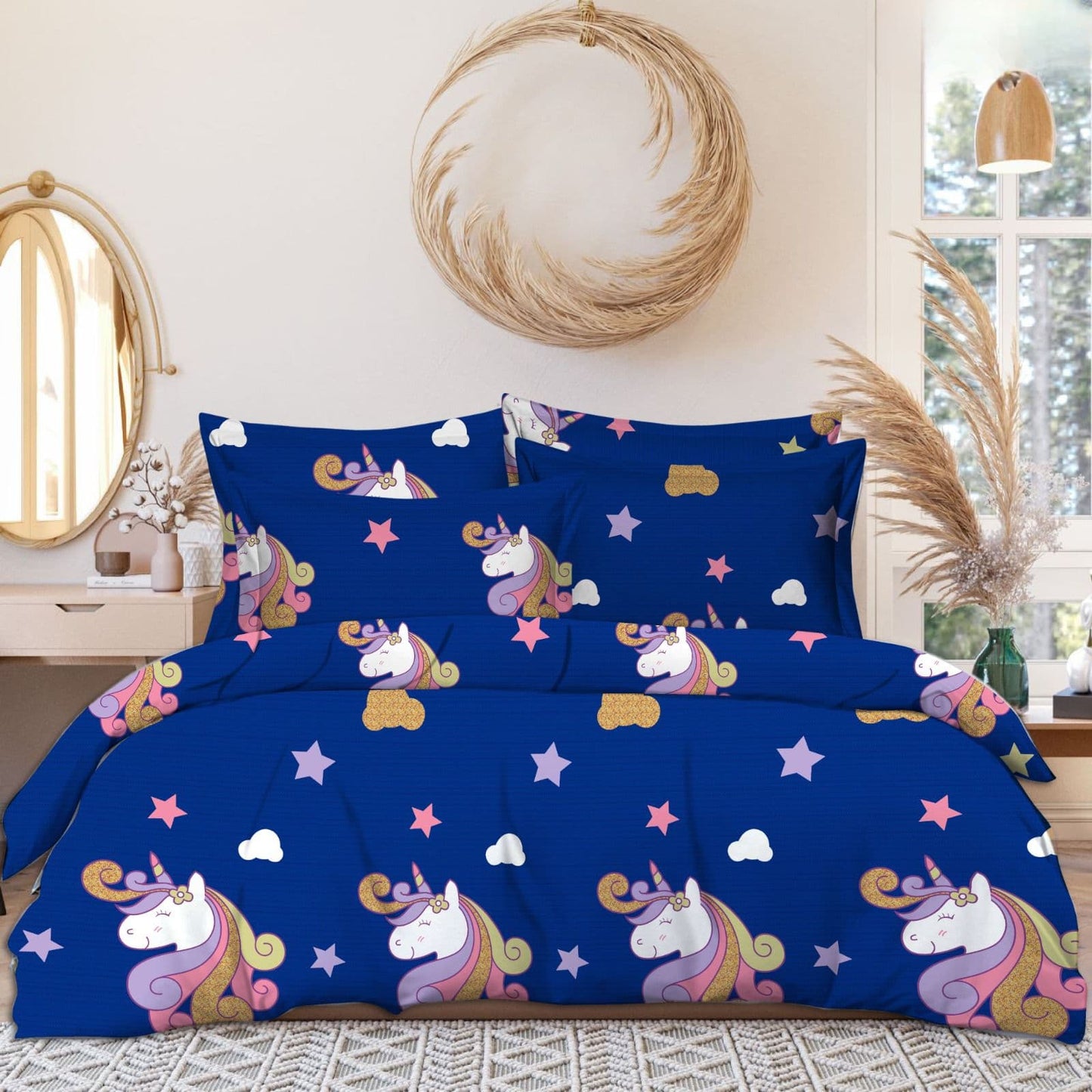 BLUE UNICORN 220 TC  Fitted CARTOON  Bedsheet with 2 Pillow Covers (72X78X Upto 10 Inches) & 360 Degree Elasticated