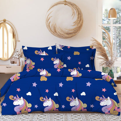 BLUE UNICORN 220 TC  Fitted CARTOON  Bedsheet with 2 Pillow Covers (72X78X Upto 10 Inches) & 360 Degree Elasticated