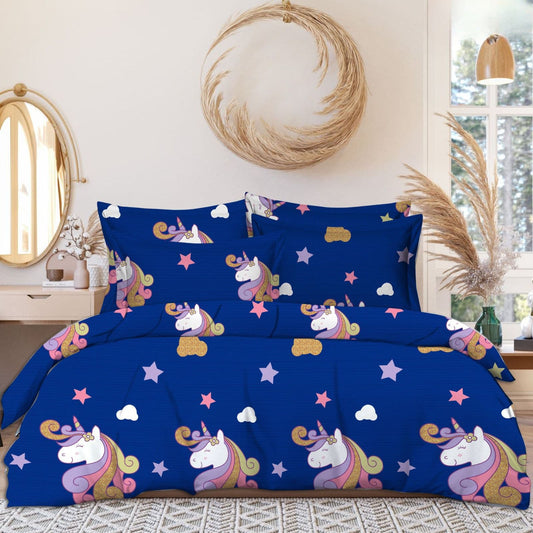 BLUE UNICORN 220 TC  Fitted CARTOON  Bedsheet with 2 Pillow Covers (72X78X Upto 10 Inches) & 360 Degree Elasticated