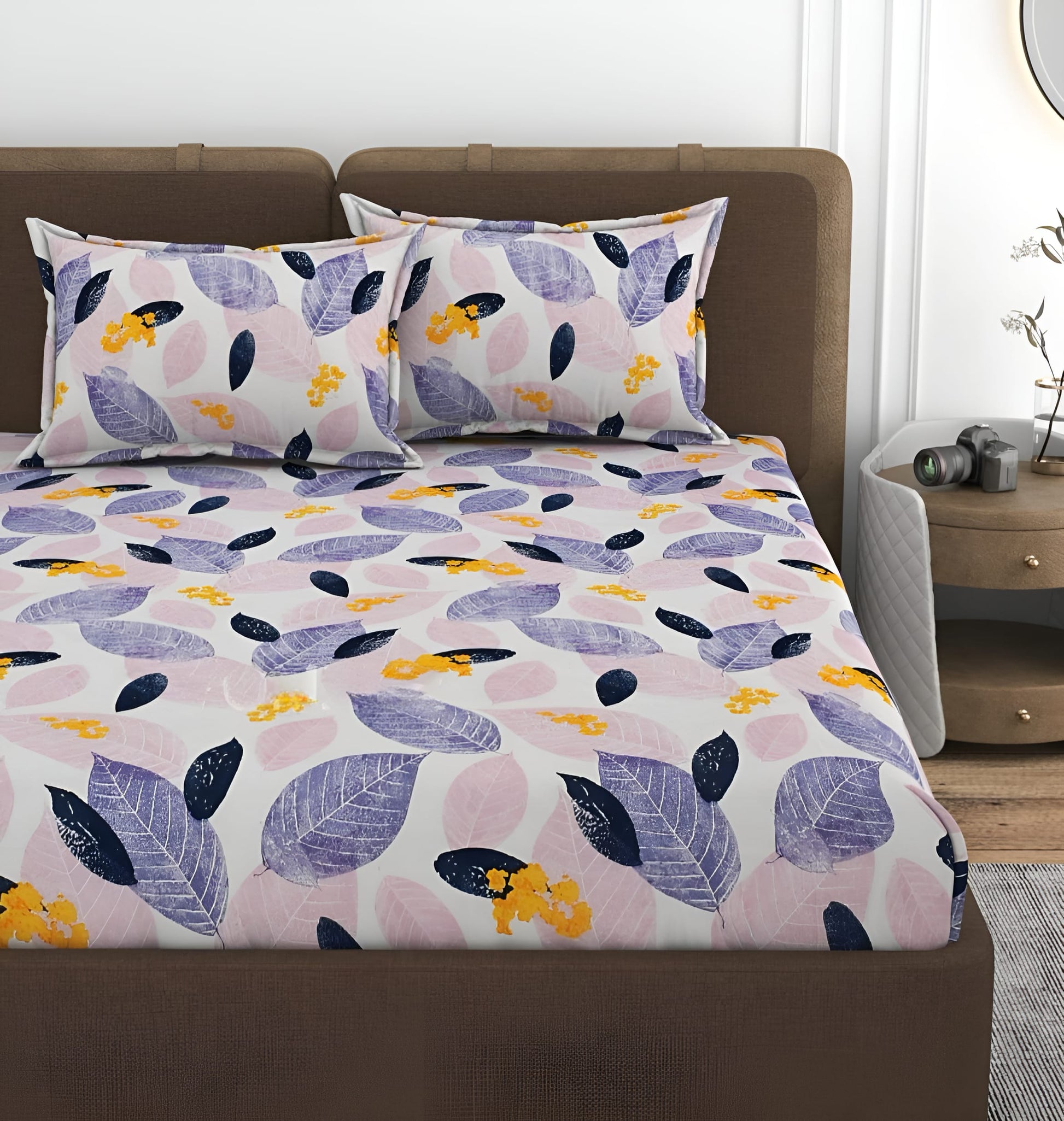PINK LEAFS 220 TC  Fitted Elastic Bedsheet With Two Pillow Covers (72X78X Upto 10 Inches) & 360 Degree Elasticated