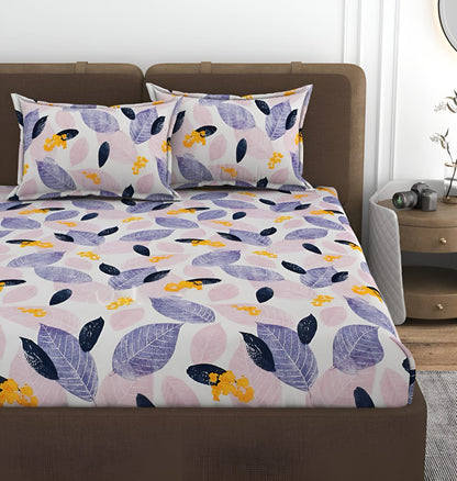 PINK LEAFS 220 TC  Fitted Elastic Bedsheet With Two Pillow Covers (72X78X Upto 10 Inches) & 360 Degree Elasticated
