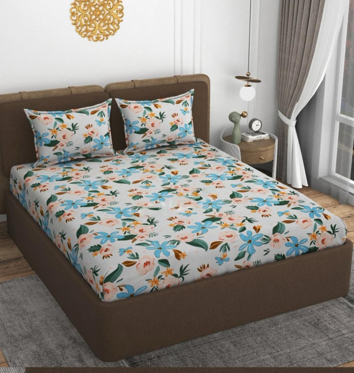 MULTI FLORAL 220 TC  Fitted Elastic Bedsheet With Two Pillow Covers (72X78X Upto 10 Inches) & 360 Degree Elasticated