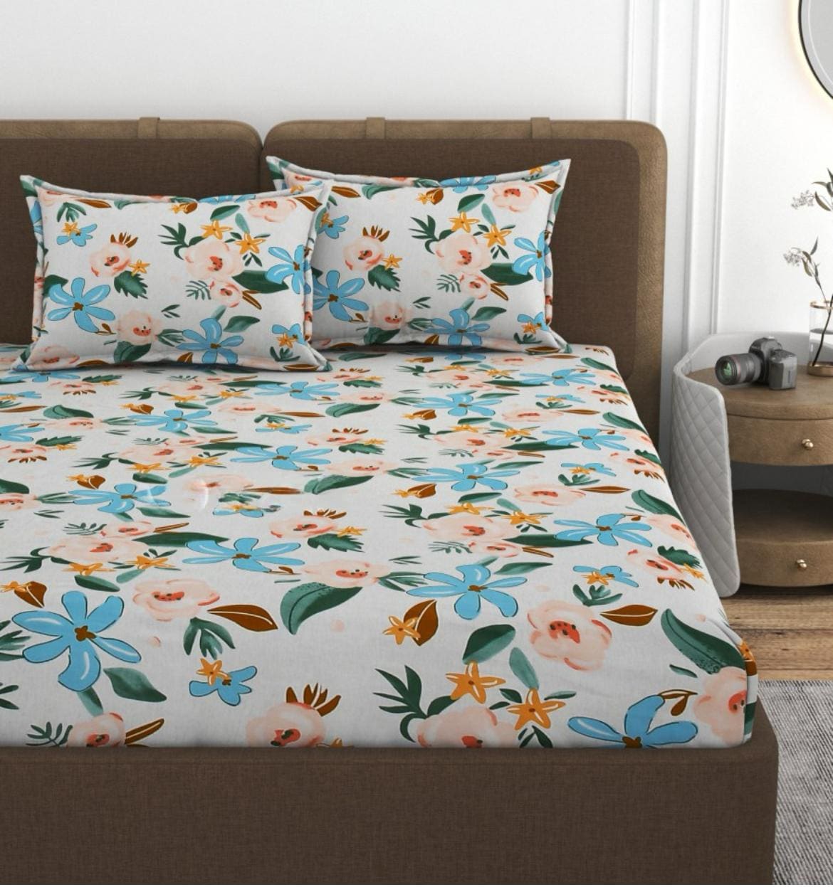 MULTI FLORAL 220 TC  Fitted Elastic Bedsheet With Two Pillow Covers (72X78X Upto 10 Inches) & 360 Degree Elasticated