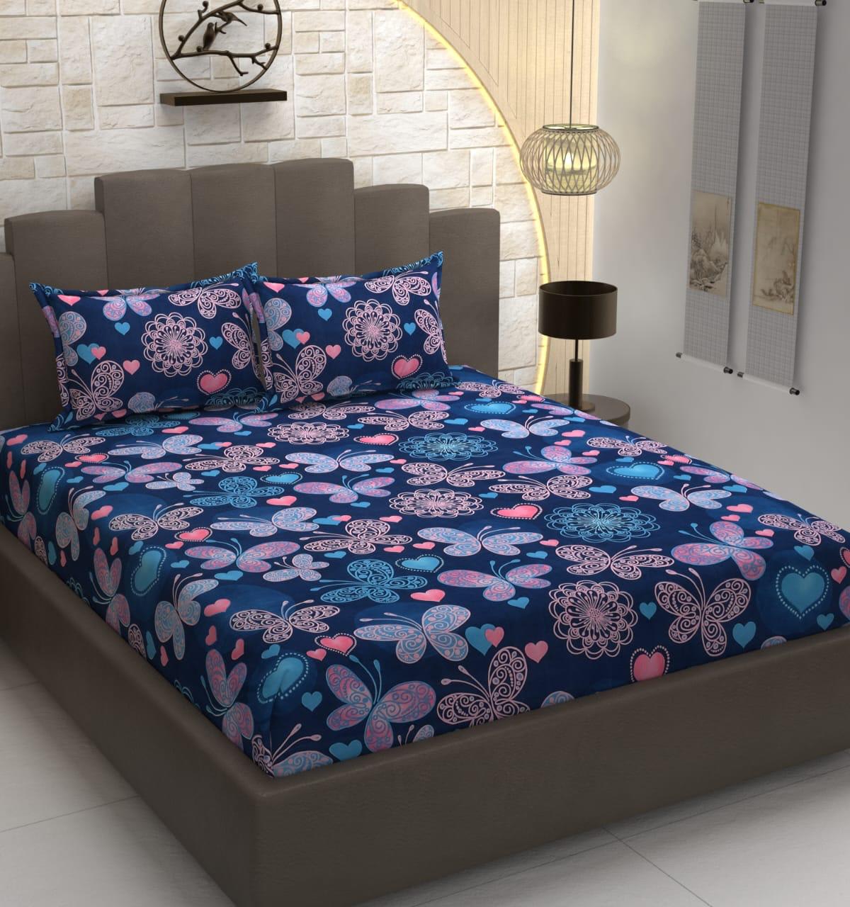 BUTTERFLY 220 TC  Fitted Elastic Bedsheet With Two Pillow Covers (72X78X Upto 10 Inches) & 360 Degree Elasticated