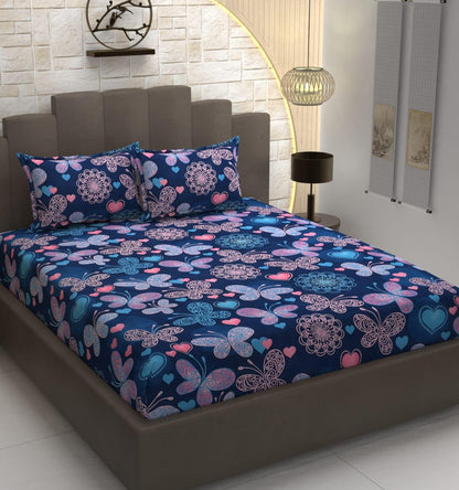 BUTTERFLY 220 TC  Fitted Elastic Bedsheet With Two Pillow Covers (72X78X Upto 10 Inches) & 360 Degree Elasticated