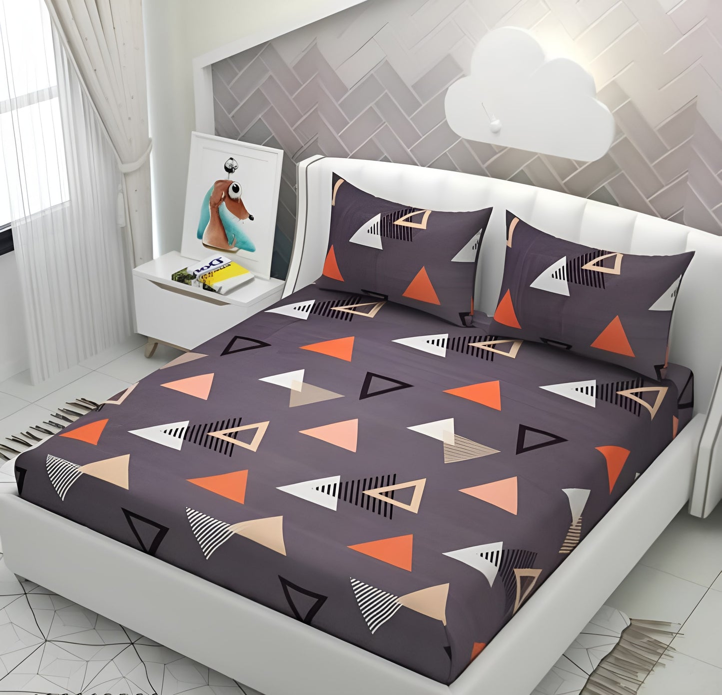 ANGLED 220 TC  Fitted Elastic Bedsheet With Two Pillow Covers (72X78X Upto 10 Inches) & 360 Degree Elasticated