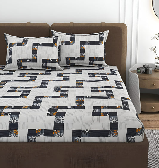 WHITE LUDO 220 TC  Fitted Elastic Bedsheet With Two Pillow Covers (72X78X Upto 10 Inches) & 360 Degree Elasticated