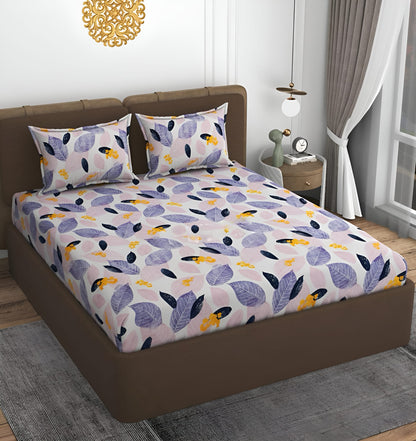 PINK LEAFS 220 TC  Fitted Elastic Bedsheet With Two Pillow Covers (72X78X Upto 10 Inches) & 360 Degree Elasticated
