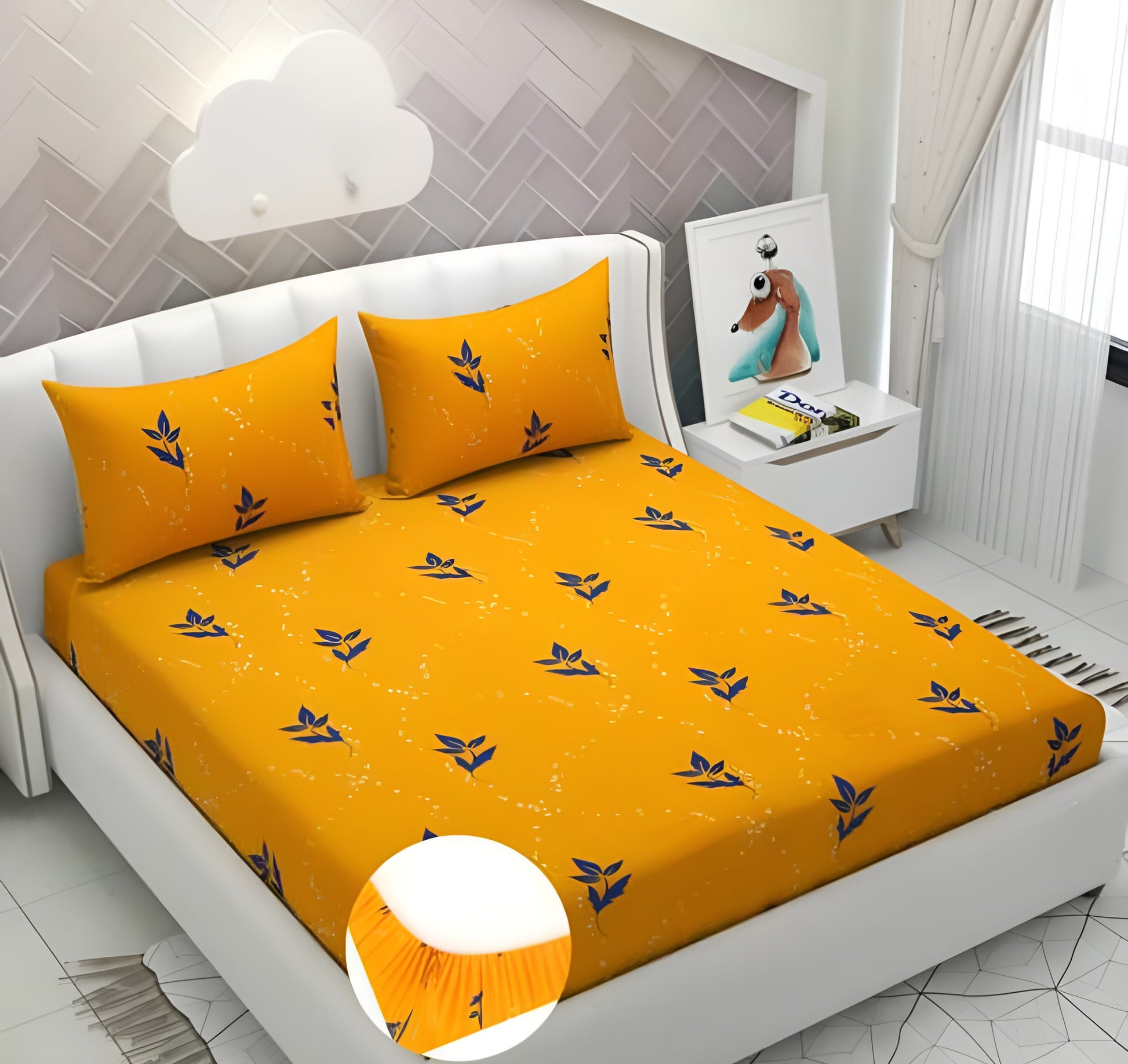 YELLOW PRINTS 220 TC  Fitted Elastic Bedsheet With Two Pillow Covers (72X78X Upto 10 Inches) & 360 Degree Elasticated