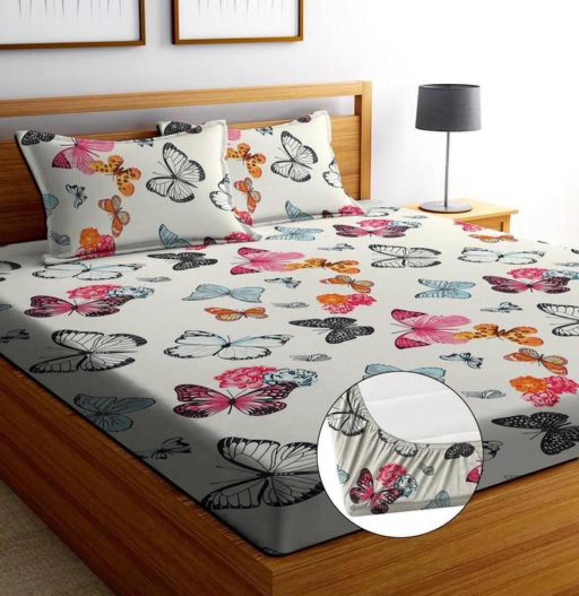WHITE BUTTERFLY 220 TC  Fitted Elastic Bedsheet With Two Pillow Covers  (72X78X Upto 10 Inches) & 360 Degree Elasticated