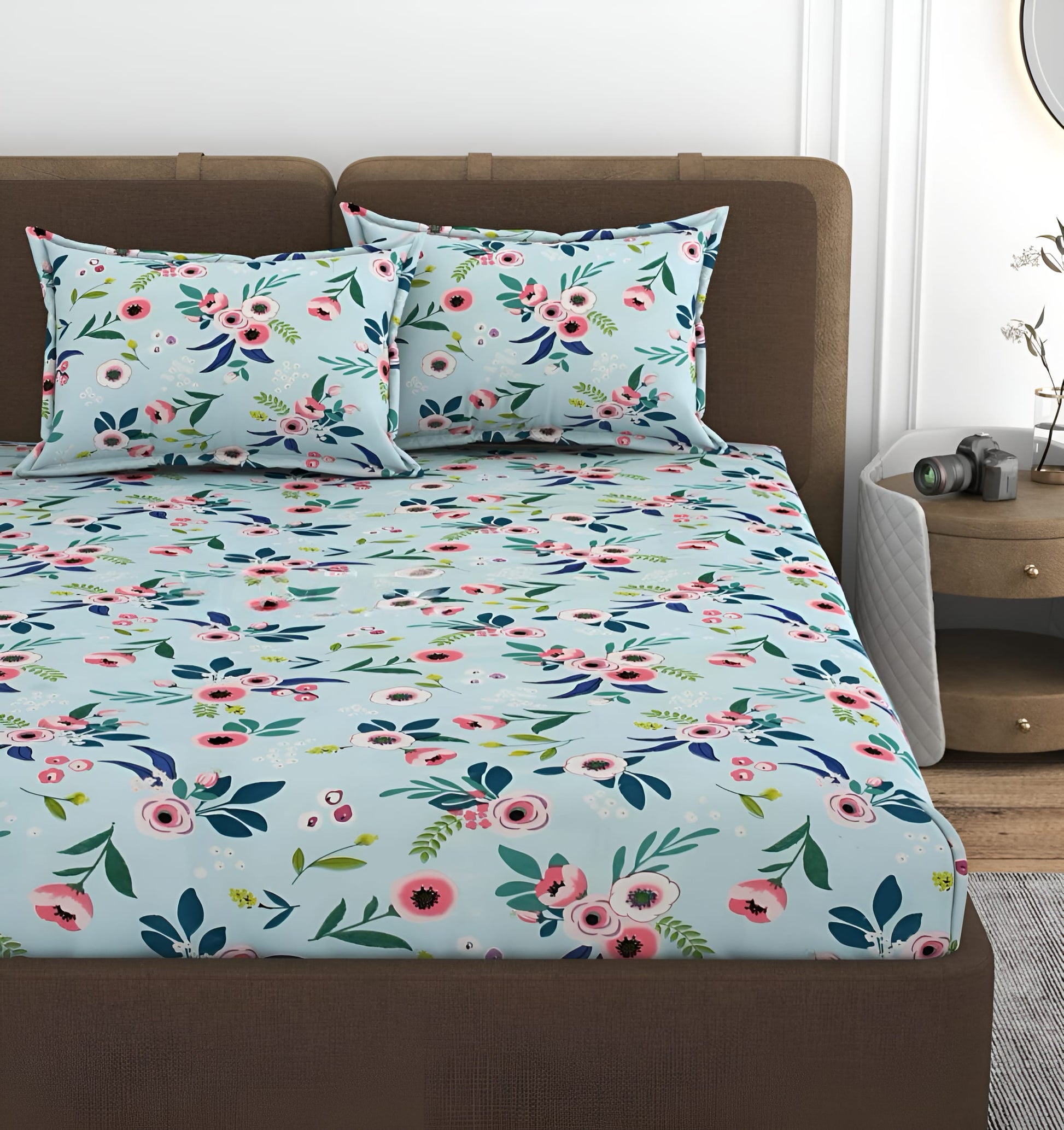 SEA GREEN 220 TC  Fitted Floral Bedsheet with 2 Pillow Covers (72X78X Upto 10 Inches) & 360 Degree Elasticated