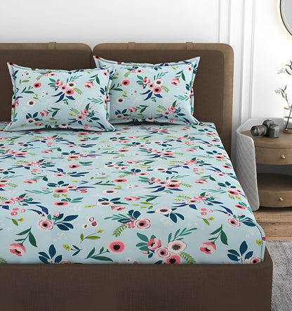 SEA GREEN 220 TC  Fitted Floral Bedsheet with 2 Pillow Covers (72X78X Upto 10 Inches) & 360 Degree Elasticated