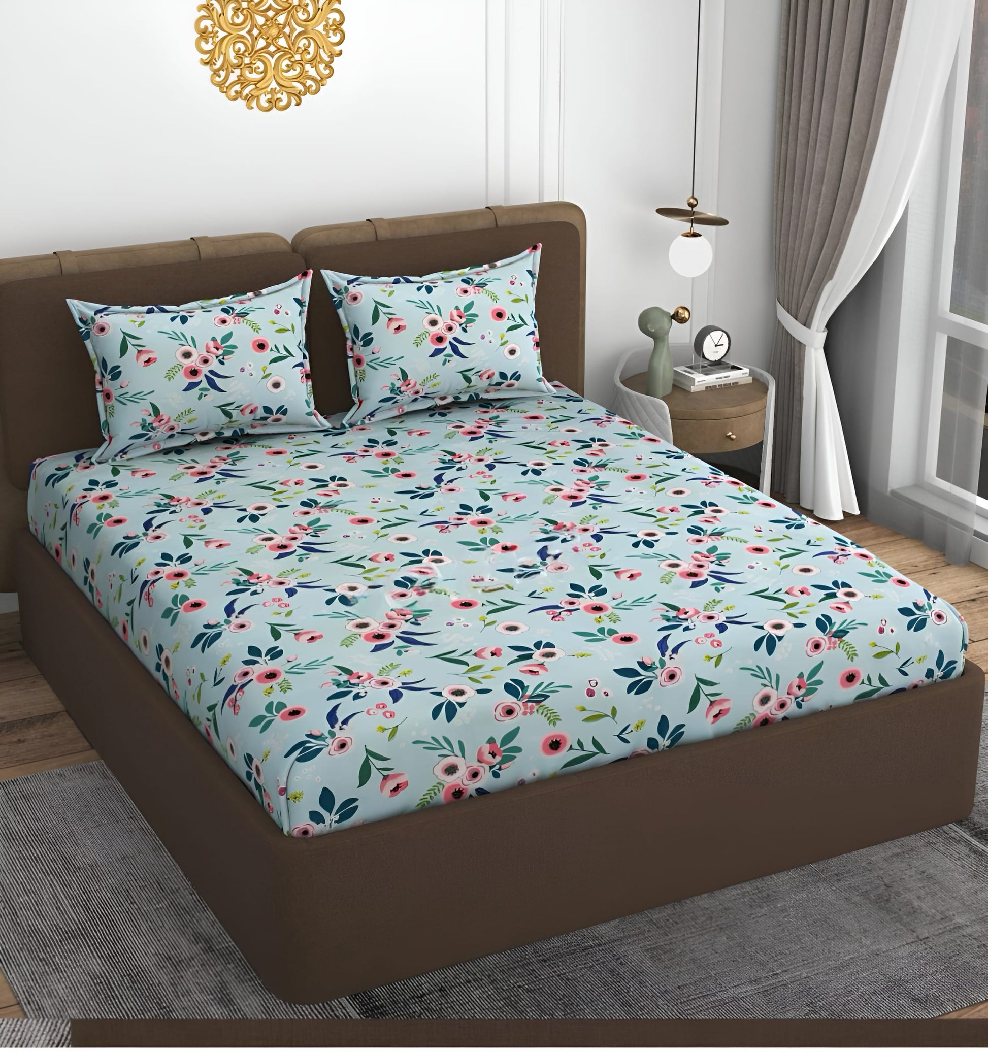 SEA GREEN 220 TC  Fitted Floral Bedsheet with 2 Pillow Covers (72X78X Upto 10 Inches) & 360 Degree Elasticated