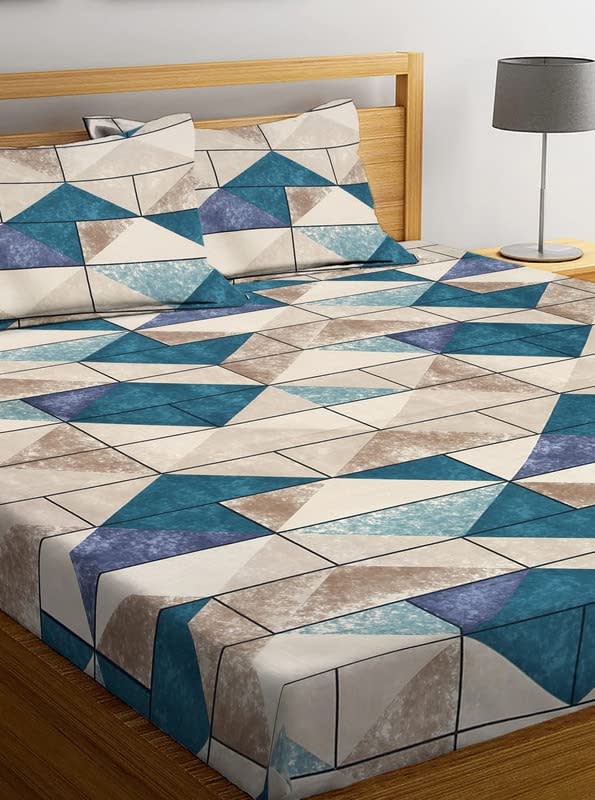 Geomtric design 220 TC Cotton All Round Elastic Fitted Bedsheet with  2 Pillow Covers  (72X78X Upto 10 Inches) & 360 Degree Elasticated