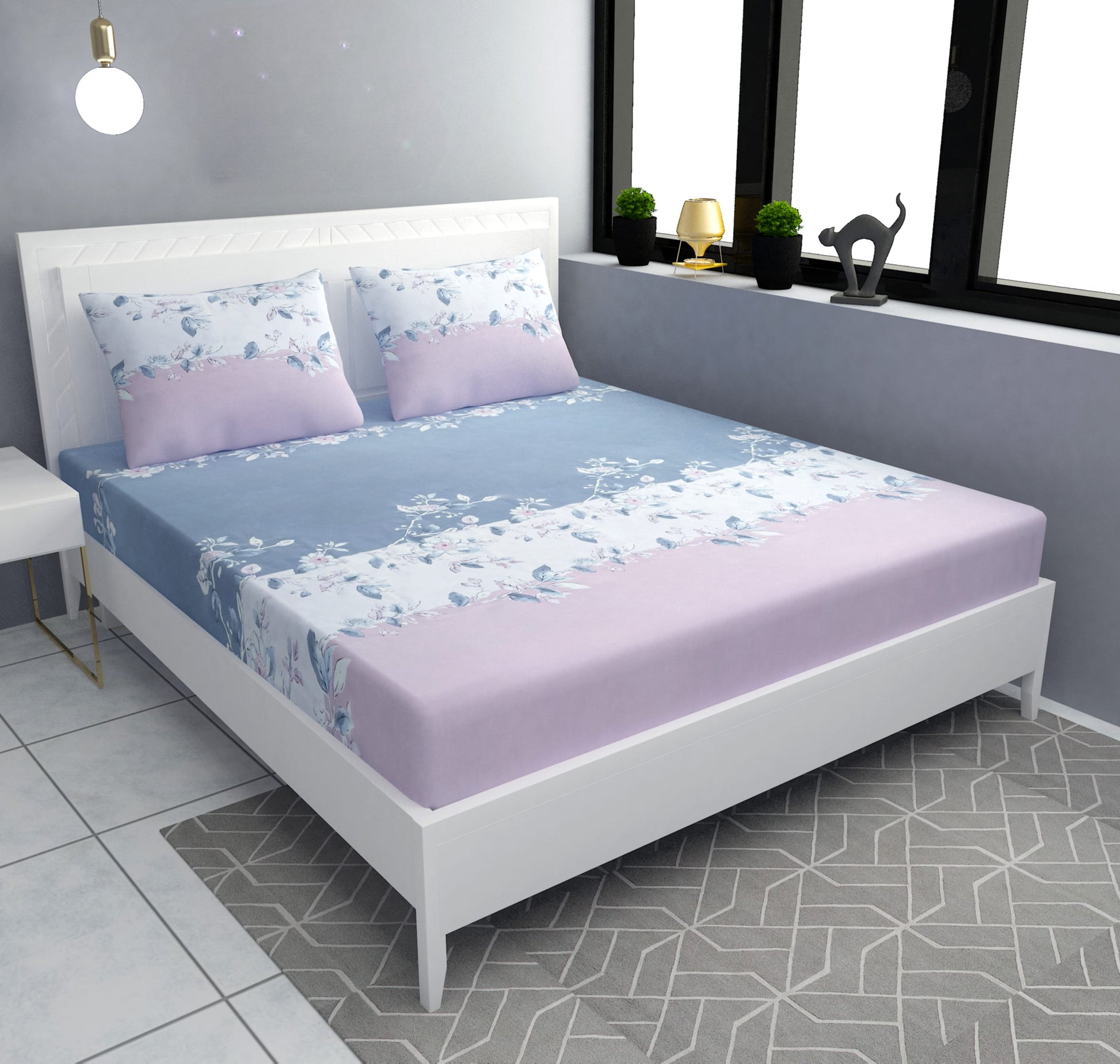 GREY AND PINK 220 TC Cotton All Round Elastic Fitted Bedsheet with  2 Pillow Covers  (72X78X Upto 10 Inches) & 360 Degree Elasticated