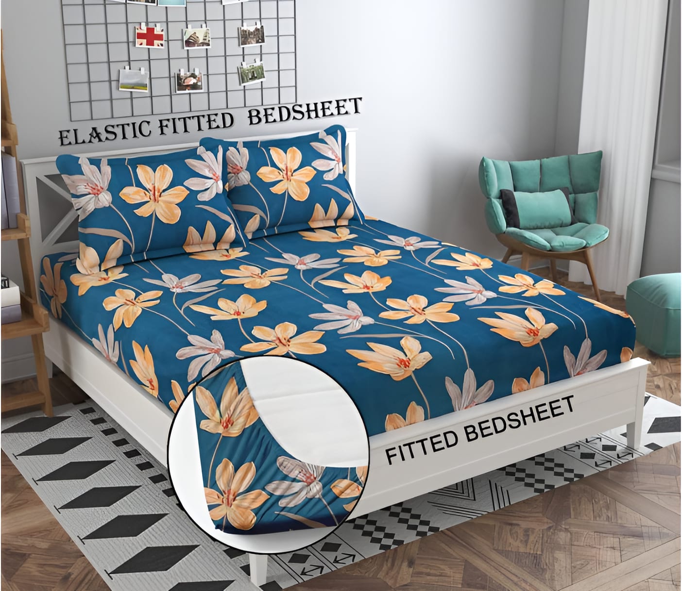 ORANGE LEAVES Premium  Fitted Elastic Bedsheet With Two Pillow Covers  (72X78X Upto 10 Inches) & 360 Degree Elasticated | BS
