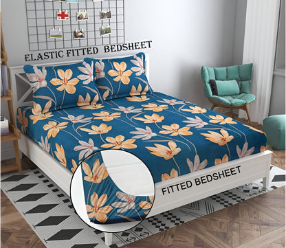 ORANGE LEAVES Premium  Fitted Elastic Bedsheet With Two Pillow Covers  (72X78X Upto 10 Inches) & 360 Degree Elasticated | BS