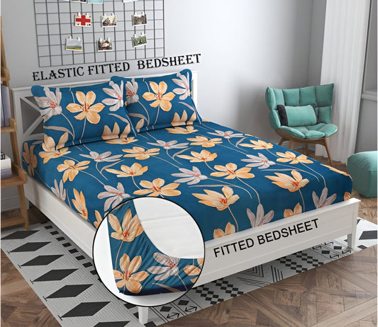 ORANGE LEAVES Premium  Fitted Elastic Bedsheet With Two Pillow Covers  (72X78X Upto 10 Inches) & 360 Degree Elasticated | BS