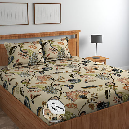 PEACOCK PRINT 220 TC  Fitted Elastic Bedsheet With Two Pillow Covers (72X78X Upto 10 Inches) & 360 Degree Elasticated