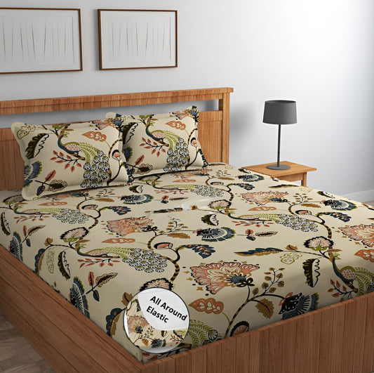 PEACOCK PRINT 220 TC  Fitted Elastic Bedsheet With Two Pillow Covers (72X78X Upto 10 Inches) & 360 Degree Elasticated