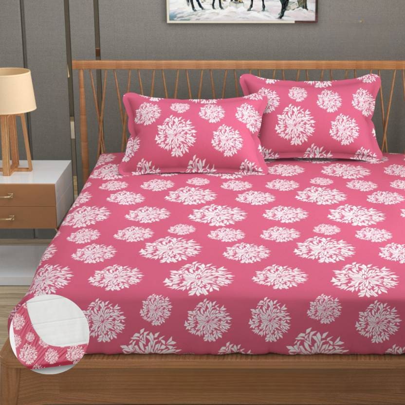 PINK DAMASS Cotton  Size Elastic Fitted Bedsheets With 2 Pillow Covers (90X100) (Brown)  (72X78X Upto 10 Inches) & 360 Degree Elasticated