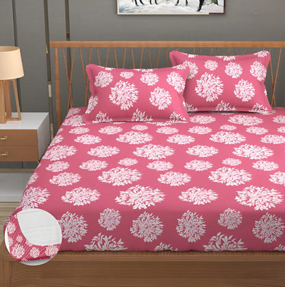 PINK DAMASS Cotton  Size Elastic Fitted Bedsheets With 2 Pillow Covers (90X100) (Brown)  (72X78X Upto 10 Inches) & 360 Degree Elasticated