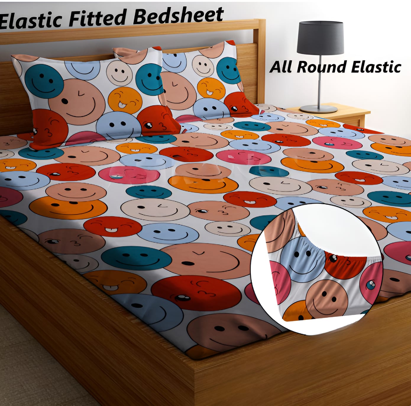 SMILEY  Premium  Fitted Elastic Bedsheet With Two Pillow Covers  (72X78X Upto 10 Inches) & 360 Degree Elasticated