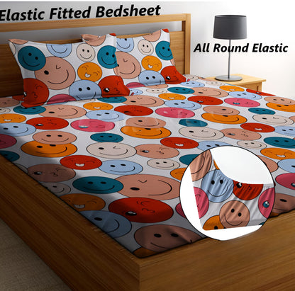 SMILEY  Premium  Fitted Elastic Bedsheet With Two Pillow Covers  (72X78X Upto 10 Inches) & 360 Degree Elasticated