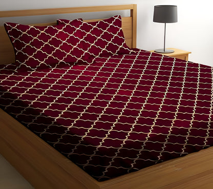 RED CARPETED 220 TC Cotton All Round Elastic Fitted Bedsheet with  2 Pillow Covers  (72X78X Upto 10 Inches) & 360 Degree Elasticated
