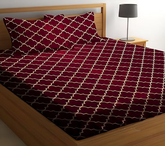 RED CARPETED 220 TC Cotton All Round Elastic Fitted Bedsheet with  2 Pillow Covers  (72X78X Upto 10 Inches) & 360 Degree Elasticated