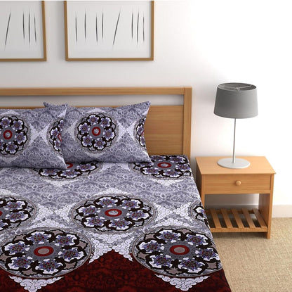 GREYISH FLORAL 220 TC Fitted Bedsheet with 2 Pillow Covers (72X78X Upto 10 Inches) & 360 Degree Elasticated
