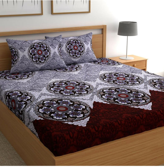 GREYISH FLORAL 220 TC Fitted Bedsheet with 2 Pillow Covers (72X78X Upto 10 Inches) & 360 Degree Elasticated