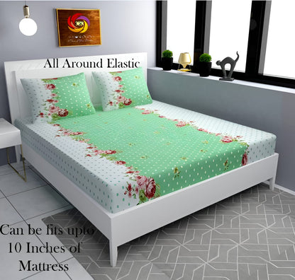 GREEN DOTTED Premium  Fitted Elastic Bedsheet With Two Pillow Covers (72X78X Upto 10 Inches) & 360 Degree Elasticated