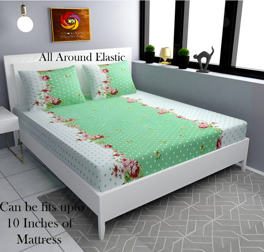 GREEN DOTTED Premium  Fitted Elastic Bedsheet With Two Pillow Covers (72X78X Upto 10 Inches) & 360 Degree Elasticated