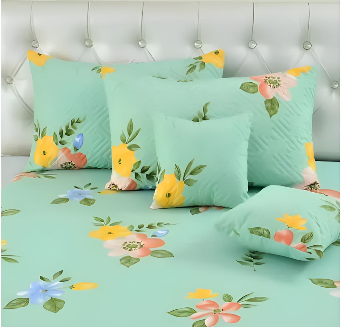 Premium 5-Piece Cotton Bedding Set: Includes 1 Flat Bedsheet, 2 Quilted Zipped Pillow Covers, 2 Quilted Cushion Covers, and 2 Cushion Fillers