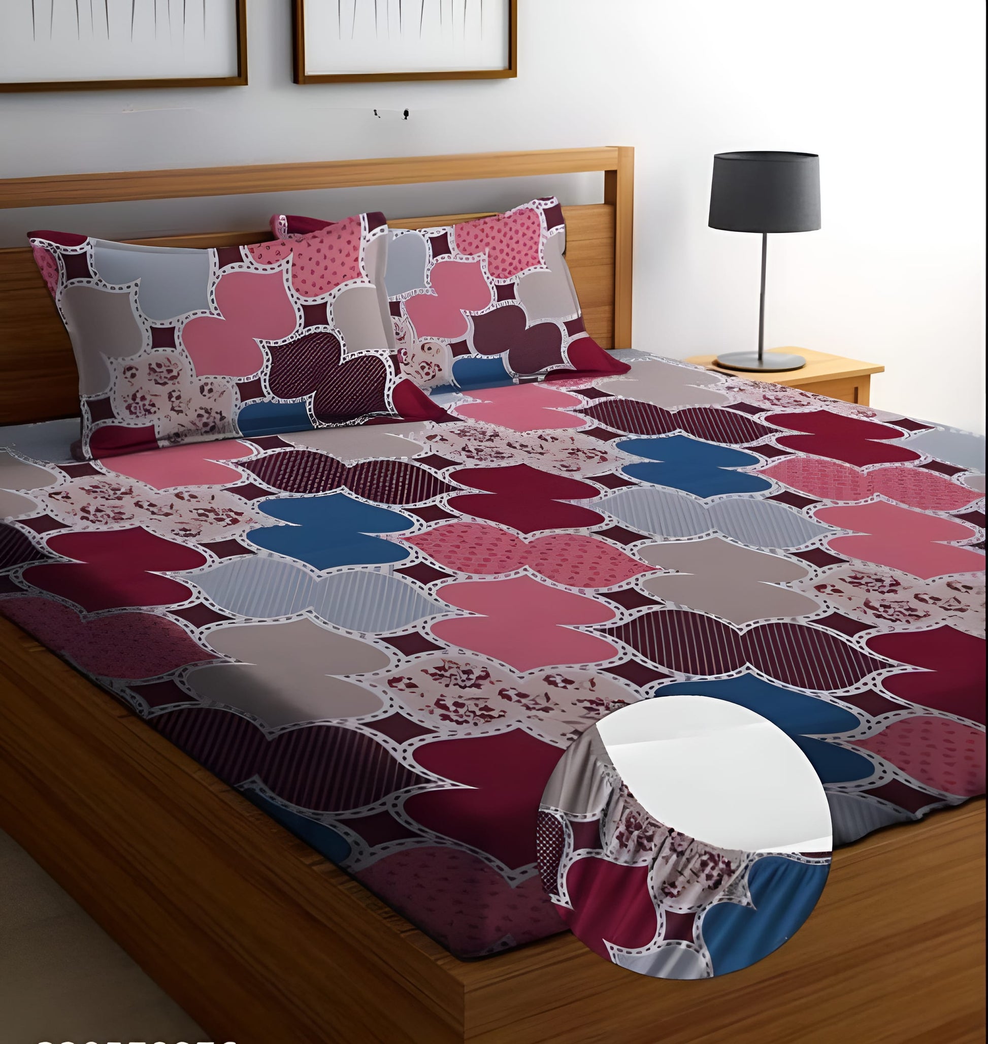 MULICOLOR 220 TC Fitted Bedsheet with 2 Pillow Covers (72X78X Upto 10 Inches) & 360 Degree Elasticated