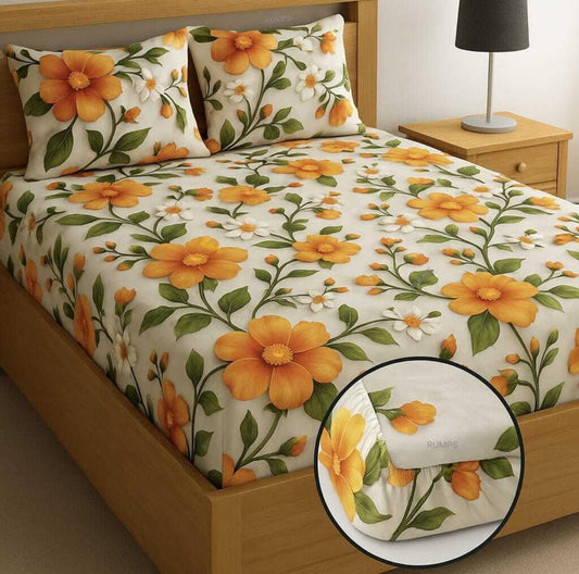 7D SUNFLOWER Premium Double Bedsheet With 2 Pillow Covers (72X78X Upto 10 Inches) & 360 Degree Elasticated